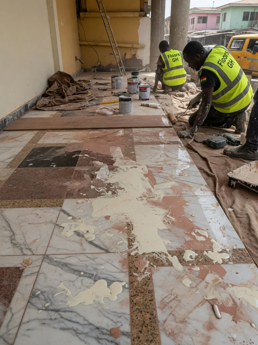 Marble and premium stone flooring in Accra, Ghana — impregnating sealer hone polish marble finish closeup floorsgh, Accra Ghana